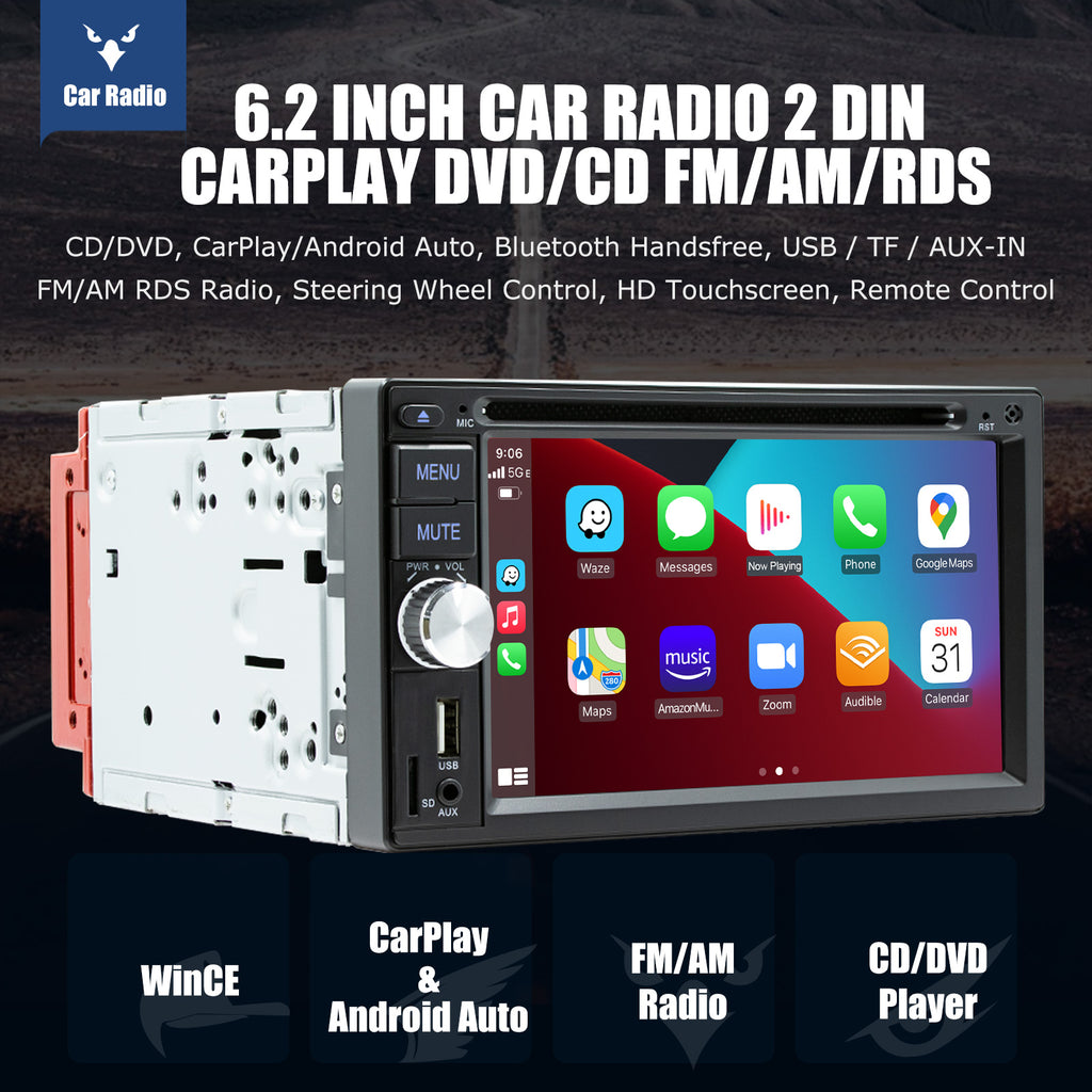 ESSGOO Autoradio 2DIN avec Écran Tactile de 6,2 Pouces. Lecteur CD/DVD, AM/FM, RDS, USB, Bluetooth, TF, AUX, CarPlay et Android Auto. Système Multimédia Complet avec Caméra. Idéal pour Améliorer Votre Expérience de Con