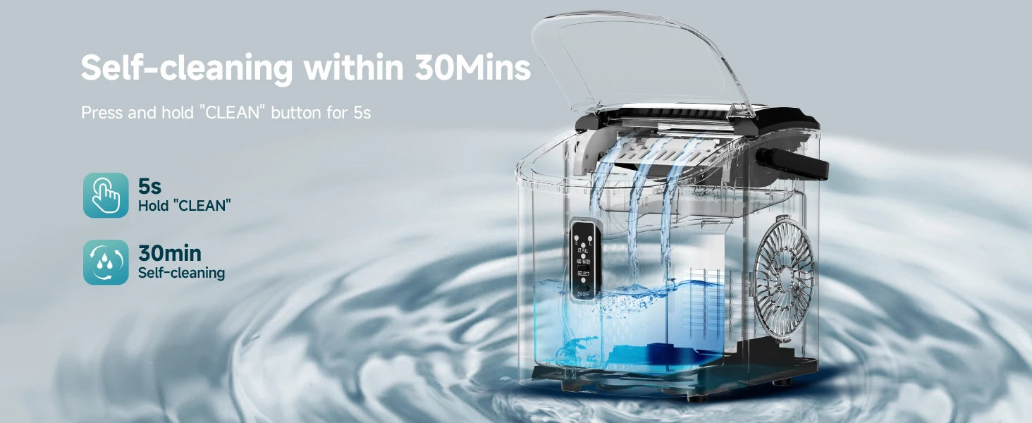 Petite machine à glaçons noire, 9 dés/6 Min, 12kg/24H, 2 tailles, autonettoyante et Portable pour la cuisine/maison