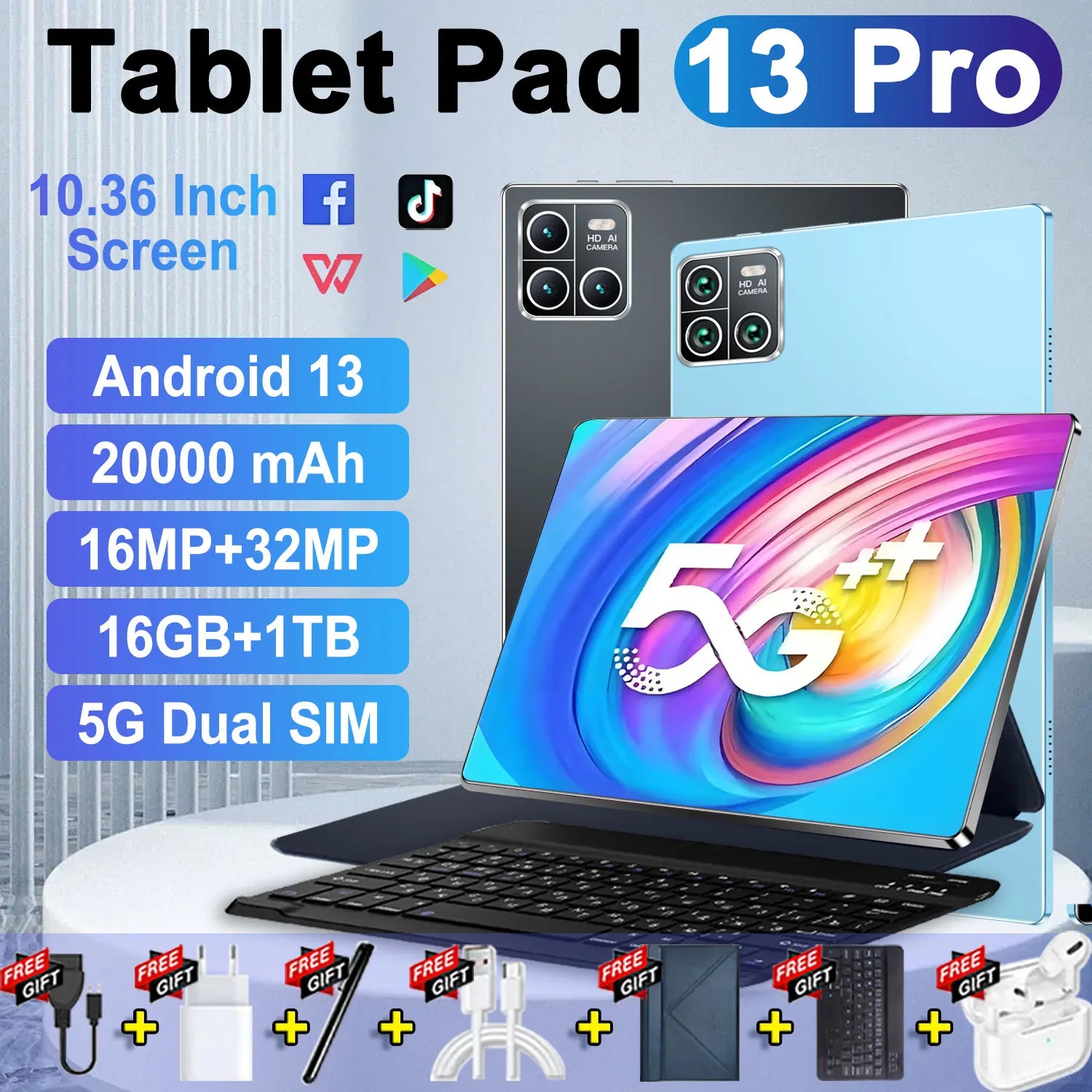 2025 Global nouvelle tablette 10.36 pouces Android 14 Pad 13 Pro 16GB 1TB Snapdragon 8 Gen2 4K HD 5G WIFI Bluetooth 20000mAh tablettes
