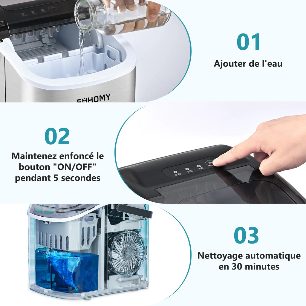 Petite machine à glaçons noire, 9 dés/6 Min, 12kg/24H, 2 tailles, autonettoyante et Portable pour la cuisine/maison