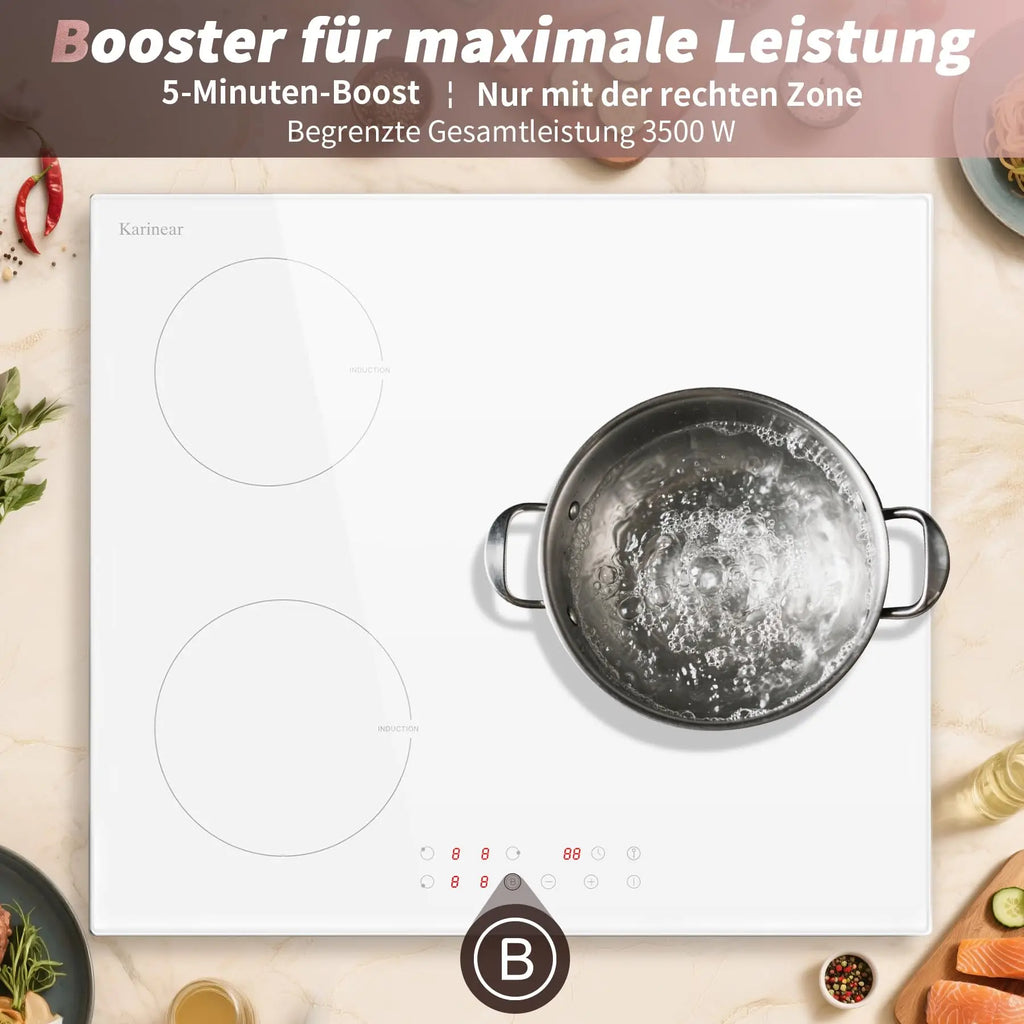Karinear Induction Hob, 3 Plates, White, with Plug, Freestanding Hob, Built-in, 59 cm, Boost, Safety Lock, 99 Minute Timer, Touch Control, 16 A Socket, 220V