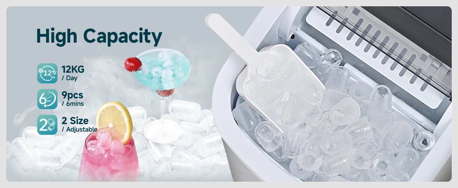 Petite machine à glaçons argentée, 9 dés en 6 min, 12kg/24H, 2 tailles de crème glacée et autonettoyante pour ménage/bar