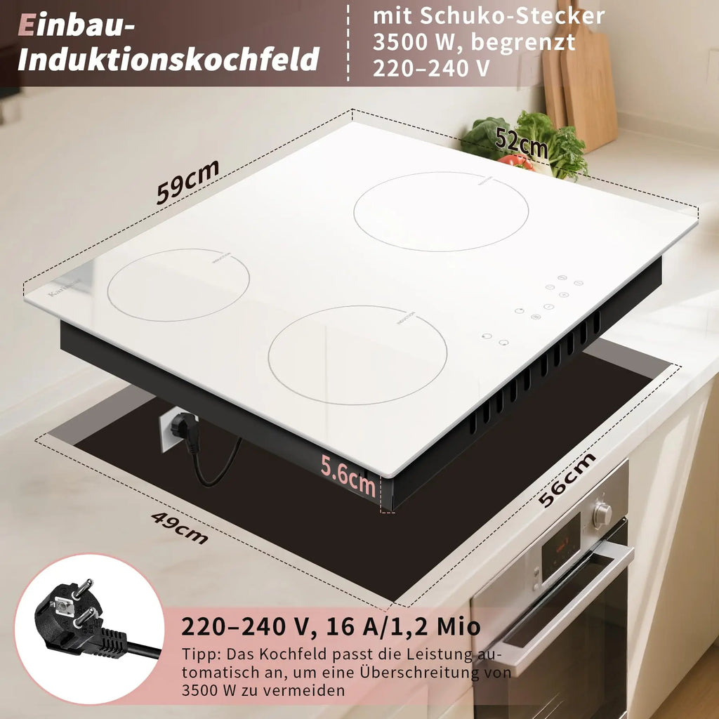 Karinear Induction Hob, 3 Plates, White, with Plug, Freestanding Hob, Built-in, 59 cm, Boost, Safety Lock, 99 Minute Timer, Touch Control, 16 A Socket, 220V