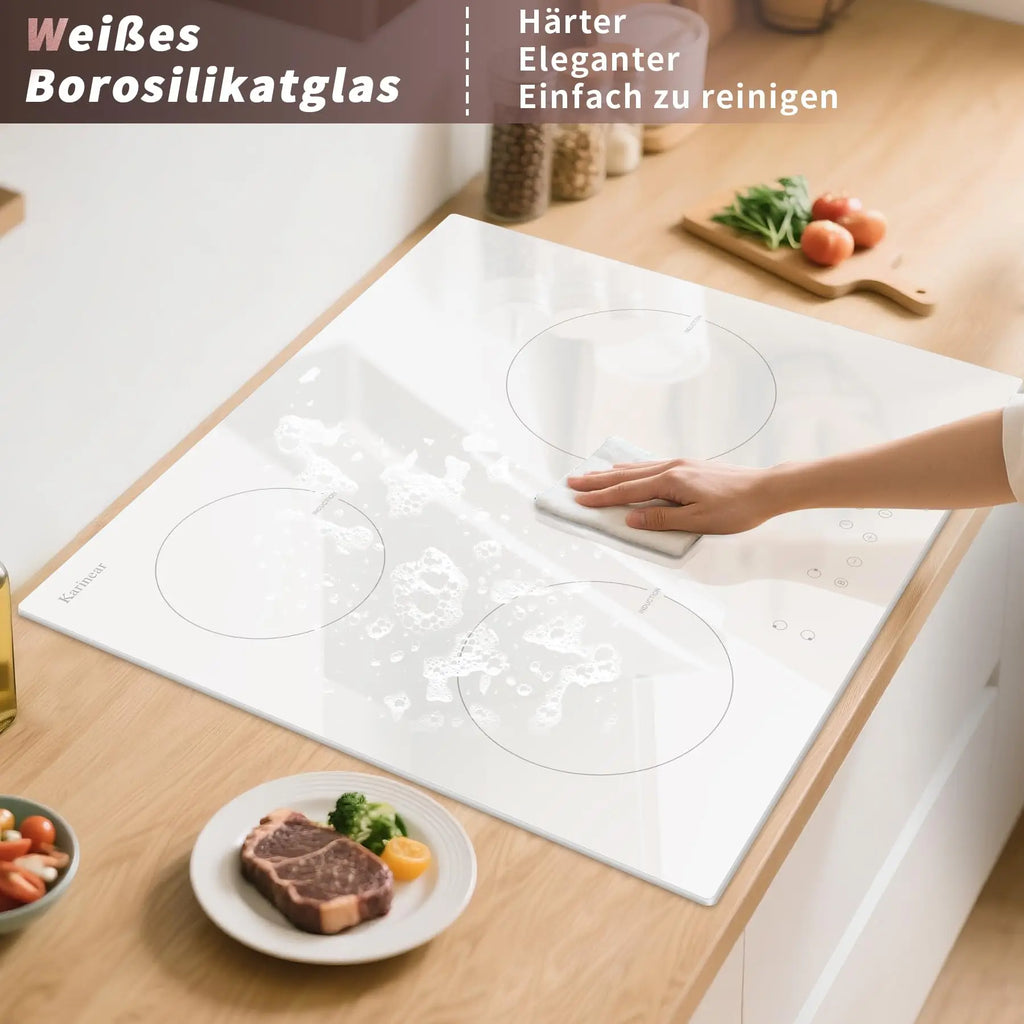 Karinear Induction Hob, 3 Plates, White, with Plug, Freestanding Hob, Built-in, 59 cm, Boost, Safety Lock, 99 Minute Timer, Touch Control, 16 A Socket, 220V