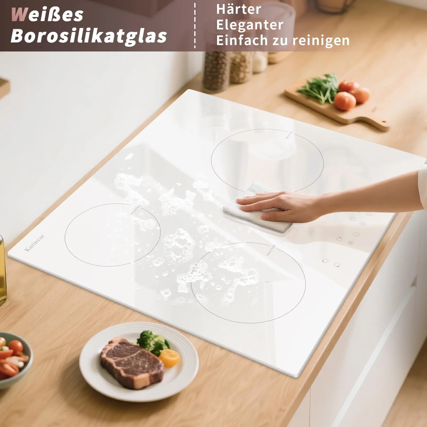 Karinear Induction Hob, 3 Plates, White, with Plug, Freestanding Hob, Built-in, 59 cm, Boost, Safety Lock, 99 Minute Timer, Touch Control, 16 A Socket, 220V