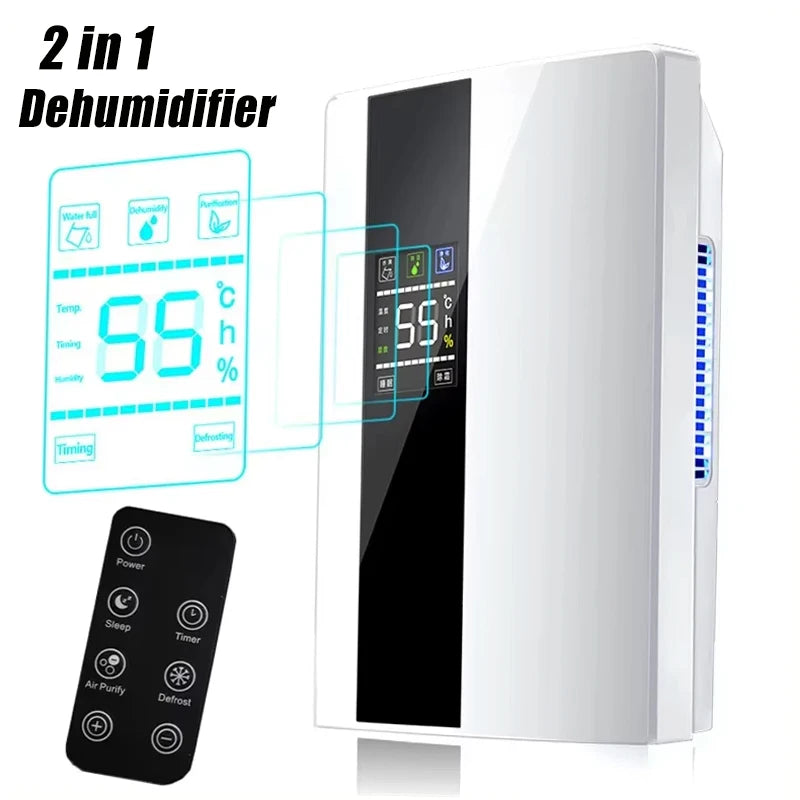 Déshumidificateur et purificateur d'air 2 en 1, absorbeur d'humidité, silencieux, pour chambre à coucher, sous-sol, télécommande, synchronisation, tuyau d'eau externe