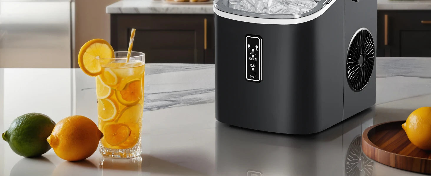 Petite machine à glaçons noire, 9 dés/6 Min, 12kg/24H, 2 tailles, autonettoyante et Portable pour la cuisine/maison