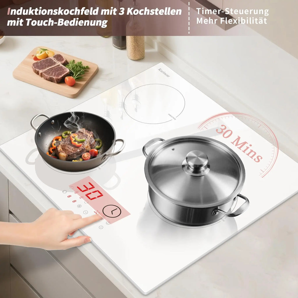 Karinear Induction Hob, 3 Plates, White, with Plug, Freestanding Hob, Built-in, 59 cm, Boost, Safety Lock, 99 Minute Timer, Touch Control, 16 A Socket, 220V