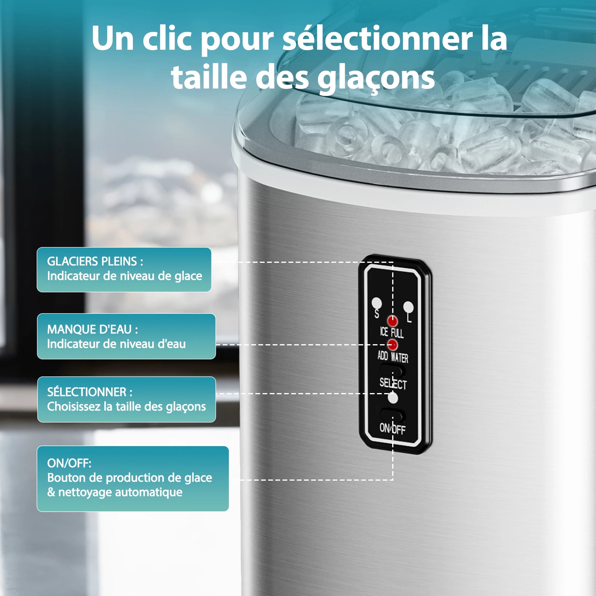 Petite machine à glaçons noire, 9 dés/6 Min, 12kg/24H, 2 tailles, autonettoyante et Portable pour la cuisine/maison