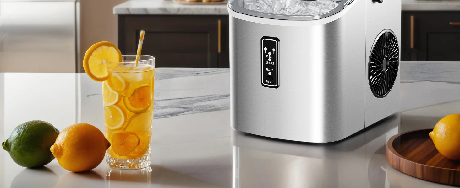 Petite machine à glaçons argentée, 9 dés en 6 min, 12kg/24H, 2 tailles de crème glacée et autonettoyante pour ménage/bar