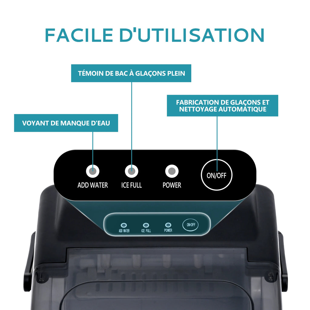 Petite machine à glaçons noire, 9 dés/6 Min, 12kg/24H, 2 tailles, autonettoyante et Portable pour la cuisine/maison