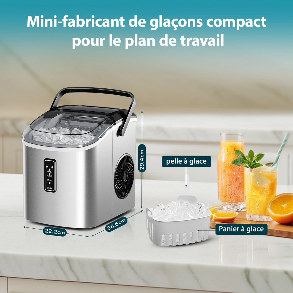 Petite machine à glaçons noire, 9 dés/6 Min, 12kg/24H, 2 tailles, autonettoyante et Portable pour la cuisine/maison