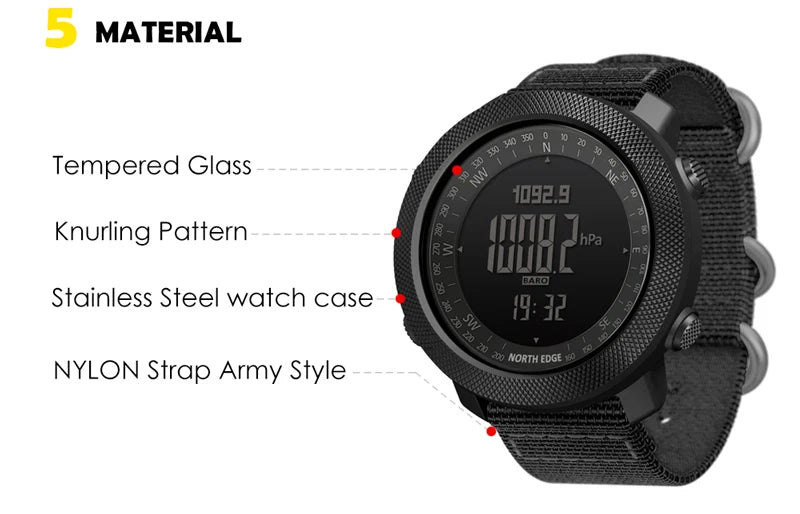 NORTH EDGE – montre numérique de sport pour hommes, heures de course, natation, armée militaire, altimètre, baromètre, boussole, étanche 50m
