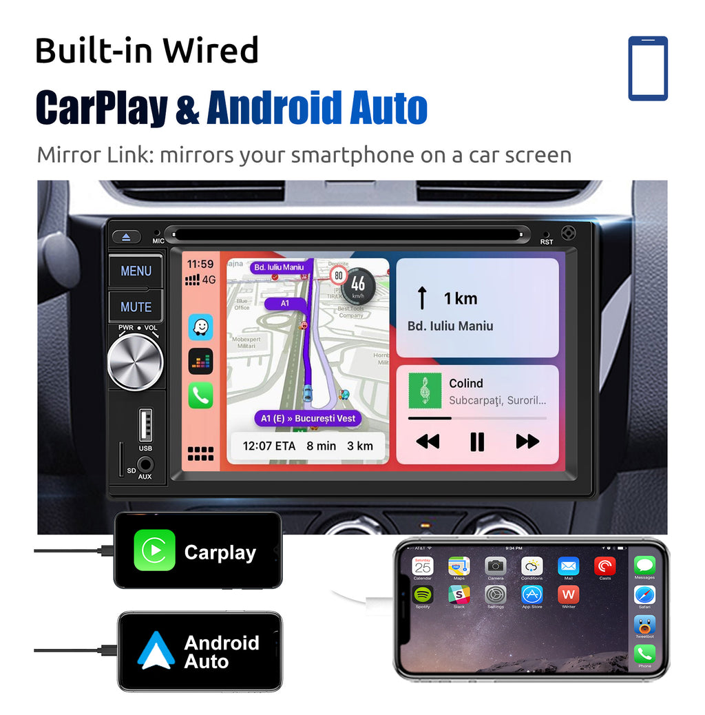 ESSGOO Autoradio 2DIN avec Écran Tactile de 6,2 Pouces. Lecteur CD/DVD, AM/FM, RDS, USB, Bluetooth, TF, AUX, CarPlay et Android Auto. Système Multimédia Complet avec Caméra. Idéal pour Améliorer Votre Expérience de Con