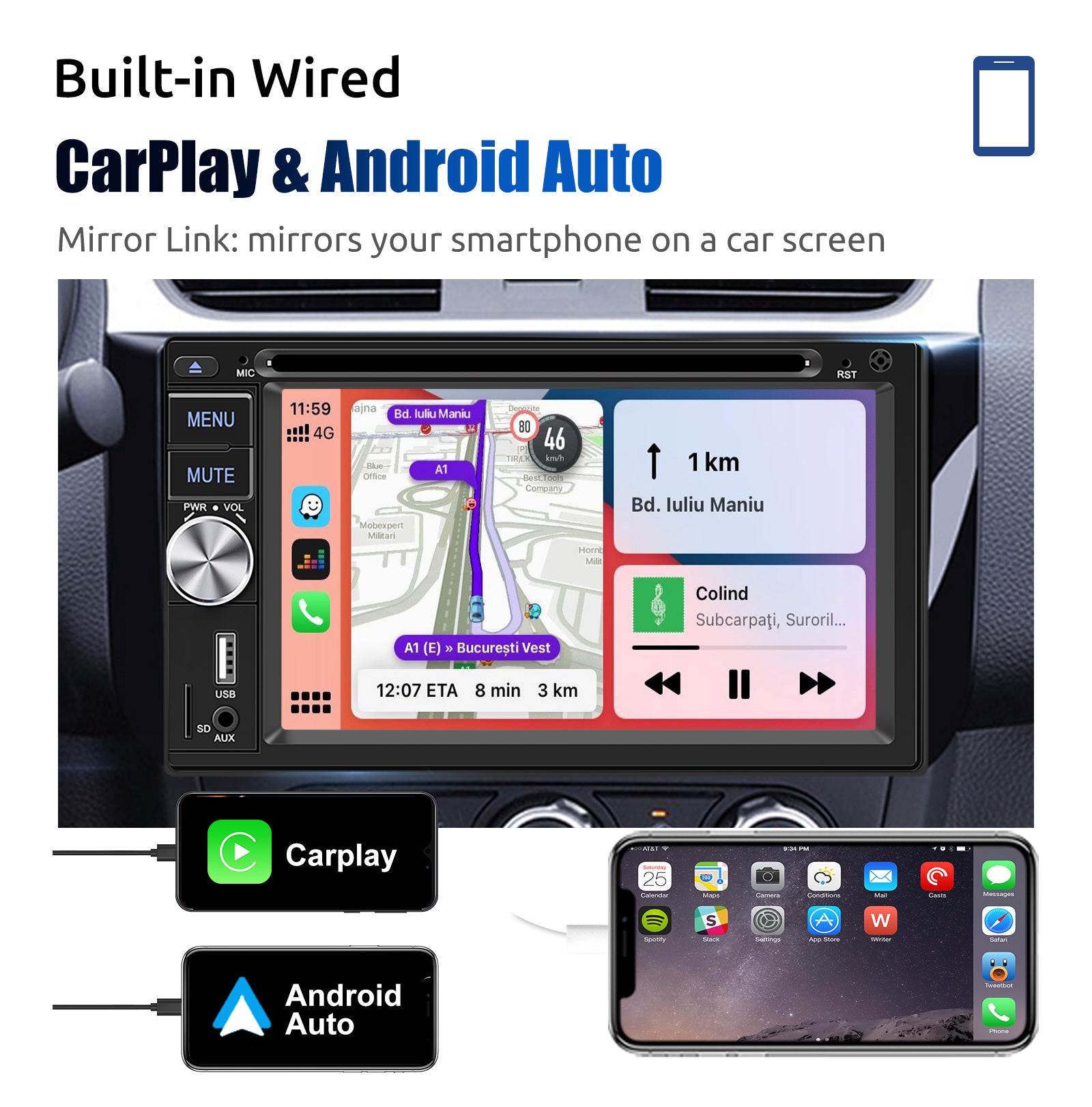 ESSGOO Autoradio 2DIN avec Écran Tactile de 6,2 Pouces. Lecteur CD/DVD, AM/FM, RDS, USB, Bluetooth, TF, AUX, CarPlay et Android Auto. Système Multimédia Complet avec Caméra. Idéal pour Améliorer Votre Expérience de Con