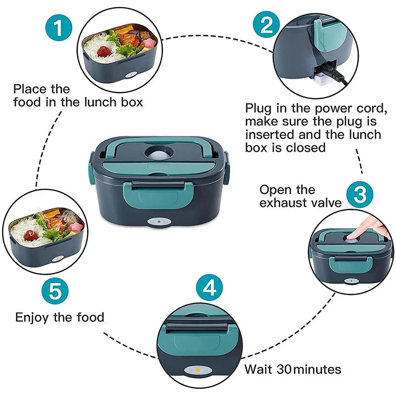 Boîte à lunch électrique 2 en 1, anti-fuite, chauffe-plat portable, 1,5/2/2,5 L, boîte à lunch bento pour micro-ondes avec récipient en acier inoxydable