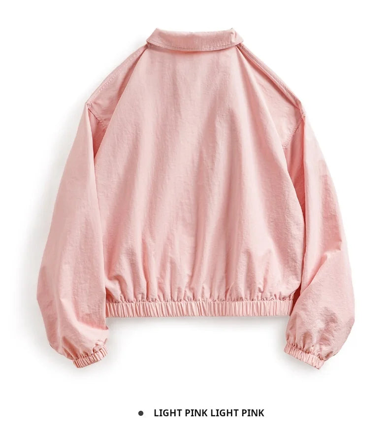 Maden Veste à col de baseball vintage pour femme, courte et décontractée, printemps-automne, légère, tenue quotidienne, rose