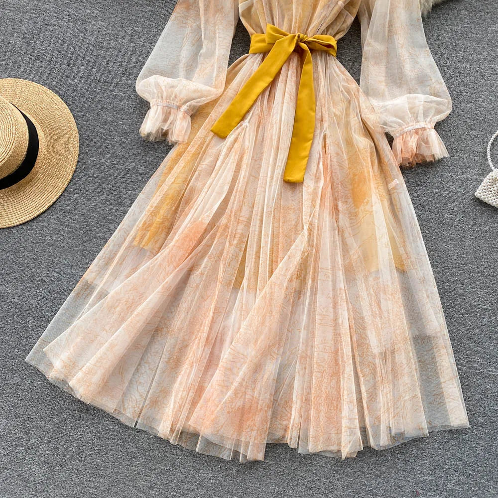 Robe en Maille Élégante pour Femme, Vintage, Manches Lanternes, Imprimée, Soirée, Patchwork, Ligne A, Bandage, Plage, Printemps Été