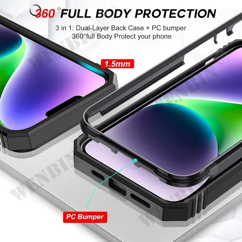 Coque pour iPhone 17 16 16e 15 14 13 12 11 Pro Max Plus Mini XS XR 8 Plus 8 7 SE robuste avec caméra, housse de béquille à 360 degrés