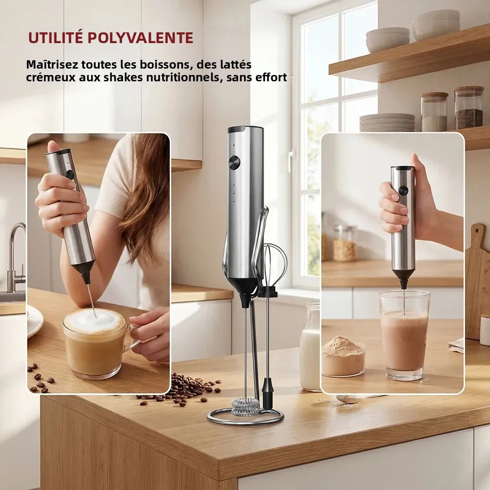 Mousseur à lait électrique, 3 vitesses avec 2 fouets, rechargeable par Type-C, en acier inoxydable, tête à mousse double couche pour latte/café