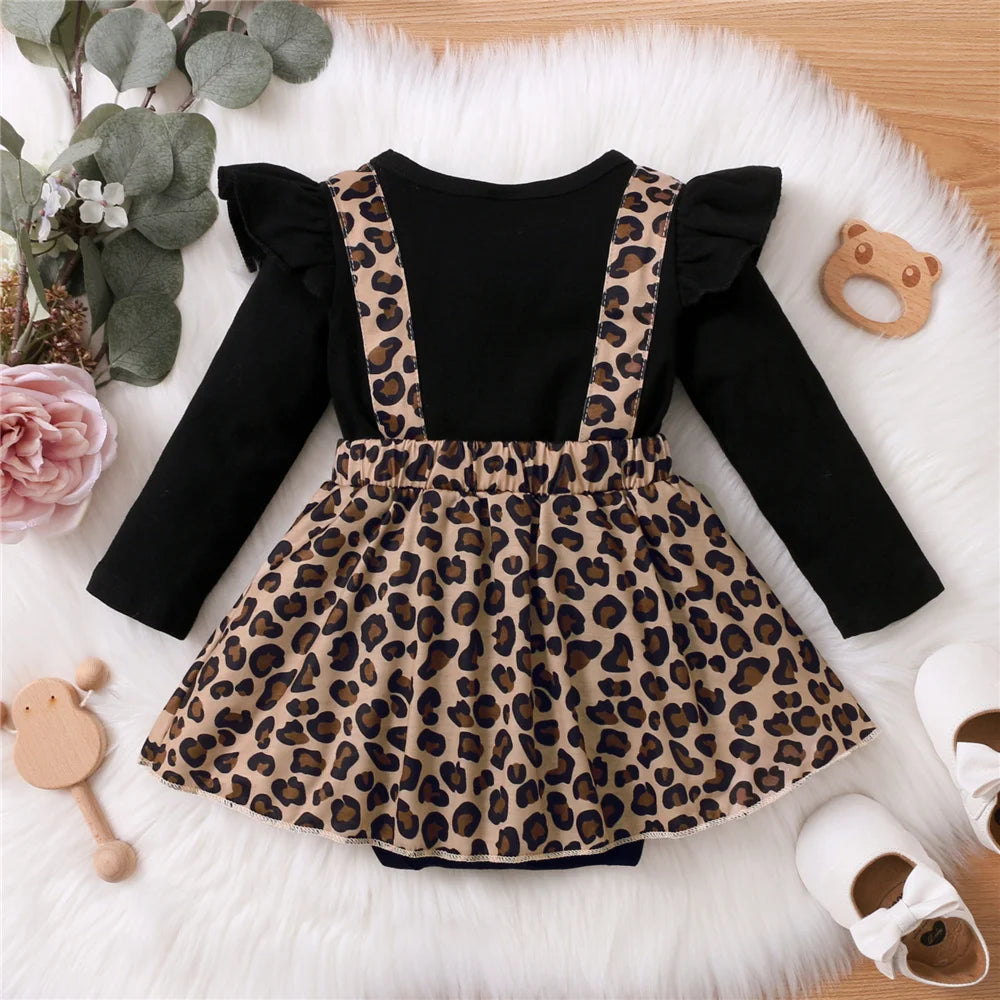 Robe barboteuse à manches longues pour bébé fille, robes léopard avec nœud, vêtements Onesie pour nouveau-né, printemps et automne, 0-18 mois
