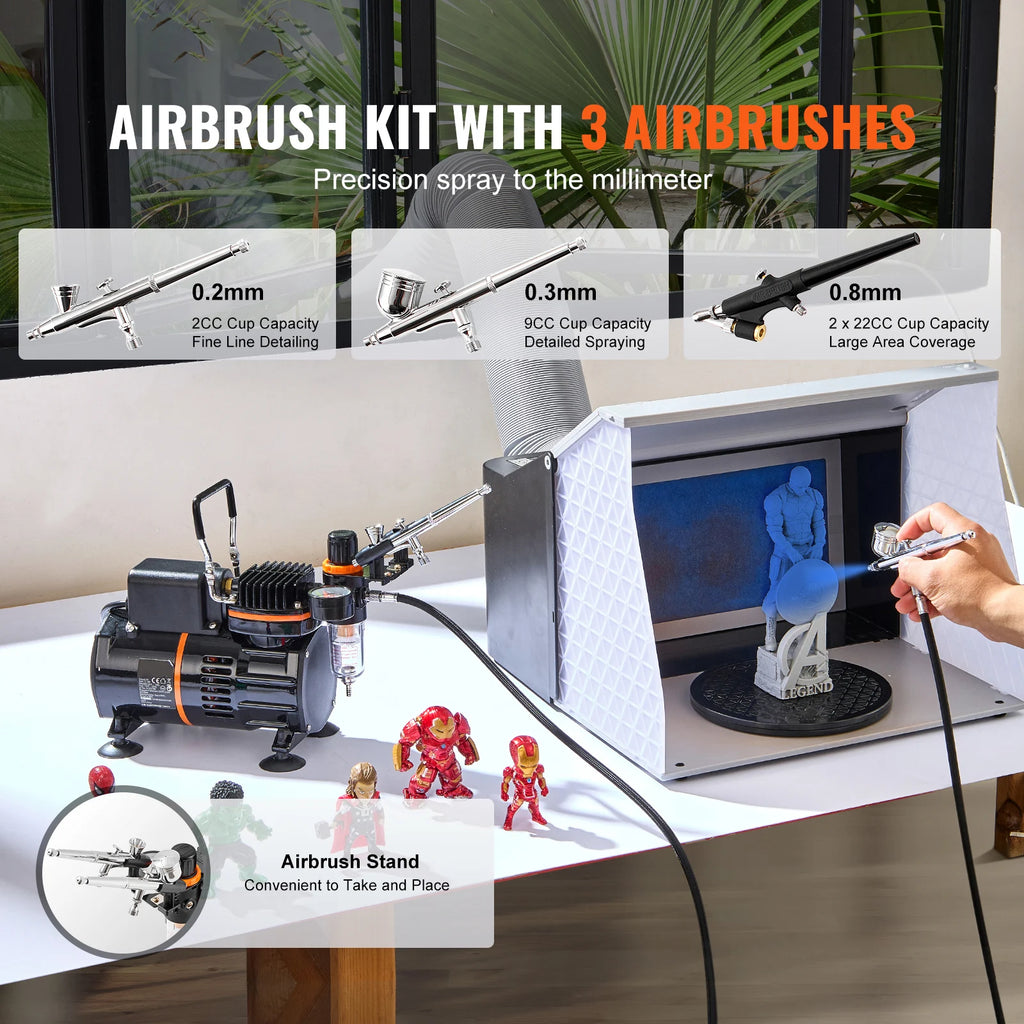 SucceBuy Kit d'aérographe, compresseur d'air à double ventilateur Kit de système d'aérographe professionnel aérographes ensemble de brosses de nettoyage de roue de mélange