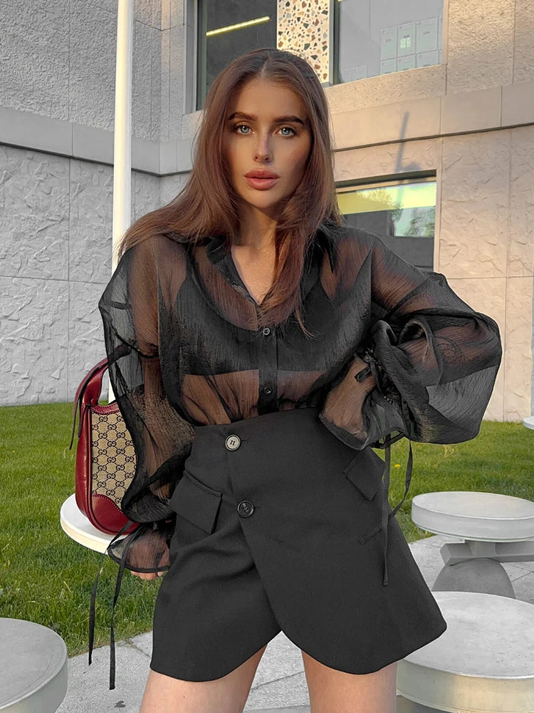 Mumaroho 2024 printemps été femmes élégant à manches longues solide noir maille chemise dames pure mousseline de soie Blouse pour femme femme