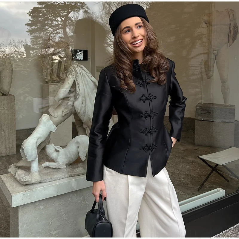 Veste élégante en Satin à boutons grenouille pour femme, col montant, manches longues, Slim, décontractée, manteau de fête de rue, hauts de bureau, printemps 2026