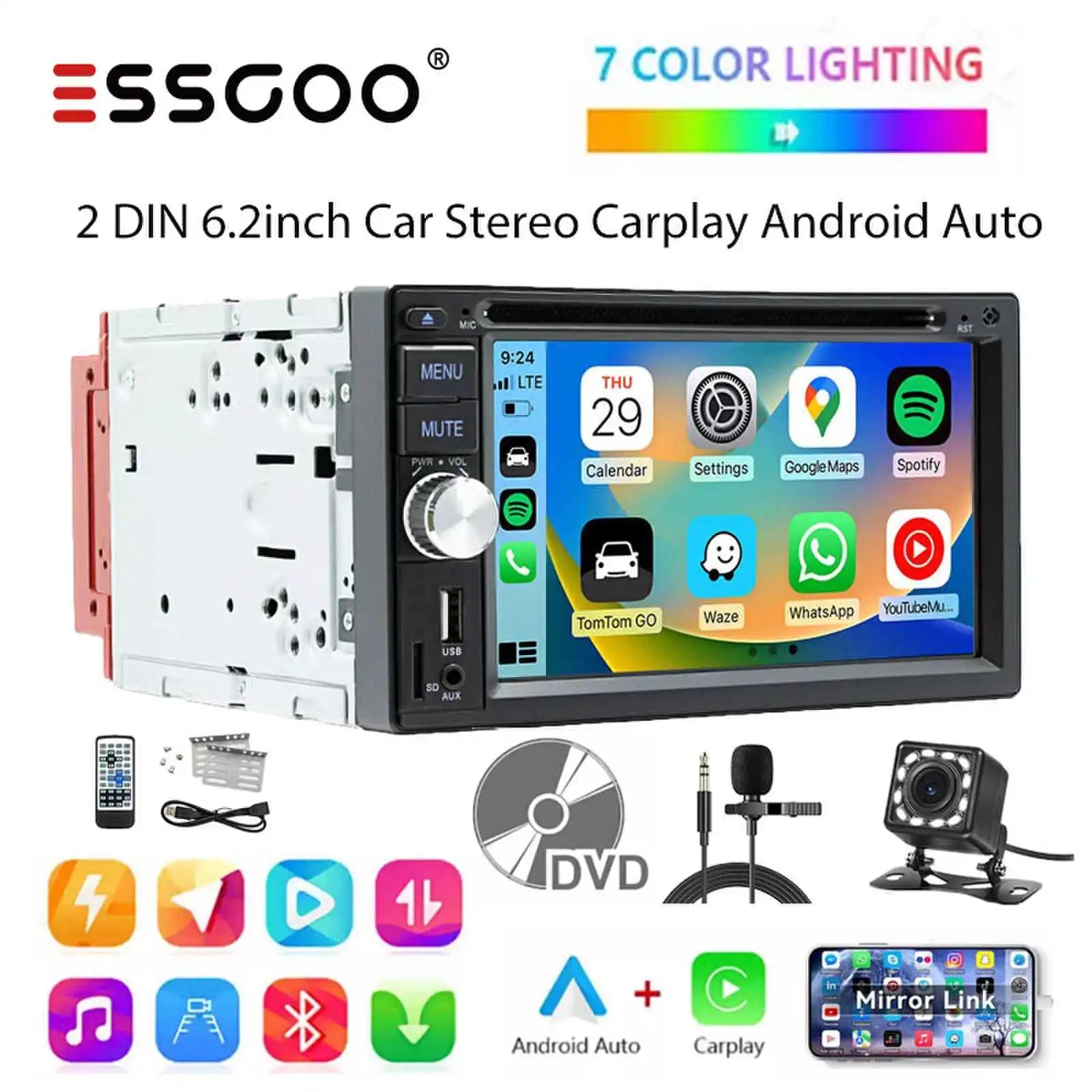 ESSGOO Autoradio 2DIN avec Écran Tactile de 6,2 Pouces. Lecteur CD/DVD, AM/FM, RDS, USB, Bluetooth, TF, AUX, CarPlay et Android Auto. Système Multimédia Complet avec Caméra. Idéal pour Améliorer Votre Expérience de Con