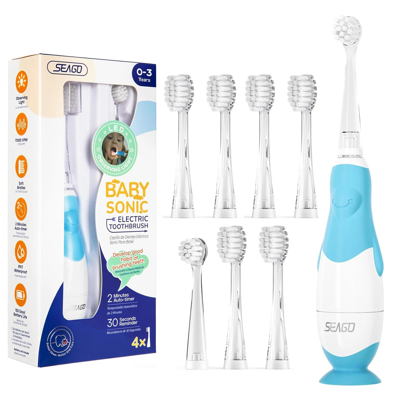 SEAGO Brosses à dents électriques pour bébés âgés de 0 à 3 ans Brosse à dents pour bébé avec minuterie intelligente Brosse douce pour bébé avec 8 recharges