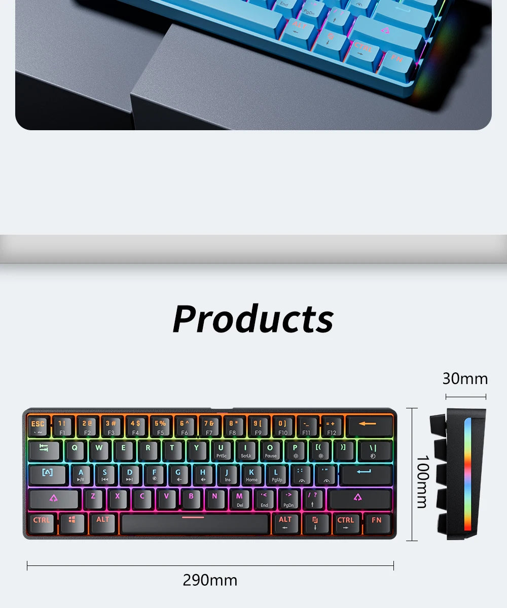 MUCAI MK61 USB Gaming Esports clavier mécanique 61 touches axe rouge filaire câble détachable rétro-éclairage rvb échange à chaud