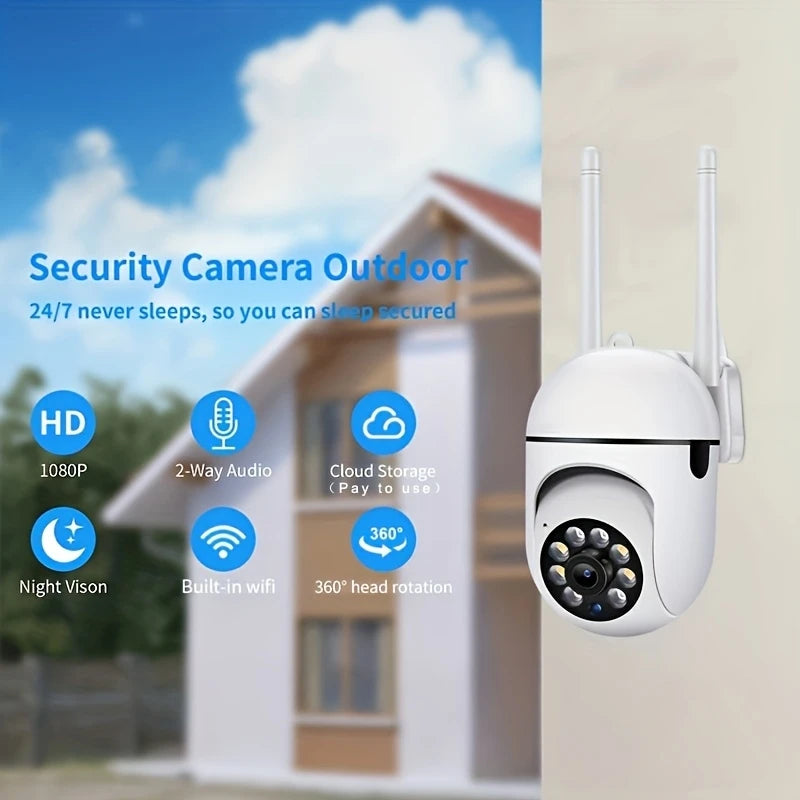 Caméra de sécurité WiFi intérieure/extérieure sans fil 1080P HD, 2 pièces, Vision nocturne couleur, Audio bidirectionnel, 360 °   Panoramique/inclinaison/Zoom, Mo