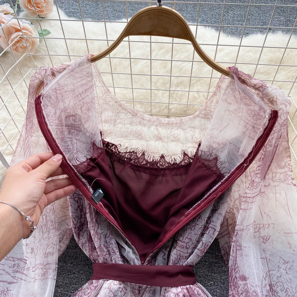 Robe en Maille Élégante pour Femme, Vintage, Manches Lanternes, Imprimée, Soirée, Patchwork, Ligne A, Bandage, Plage, Printemps Été