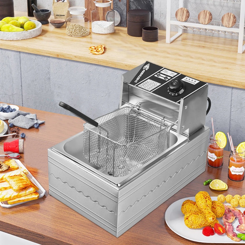 Friteuse électrique 6L en acier inoxydable avec panier pour poulet frit et frites, avec contrôle du temps et de la température