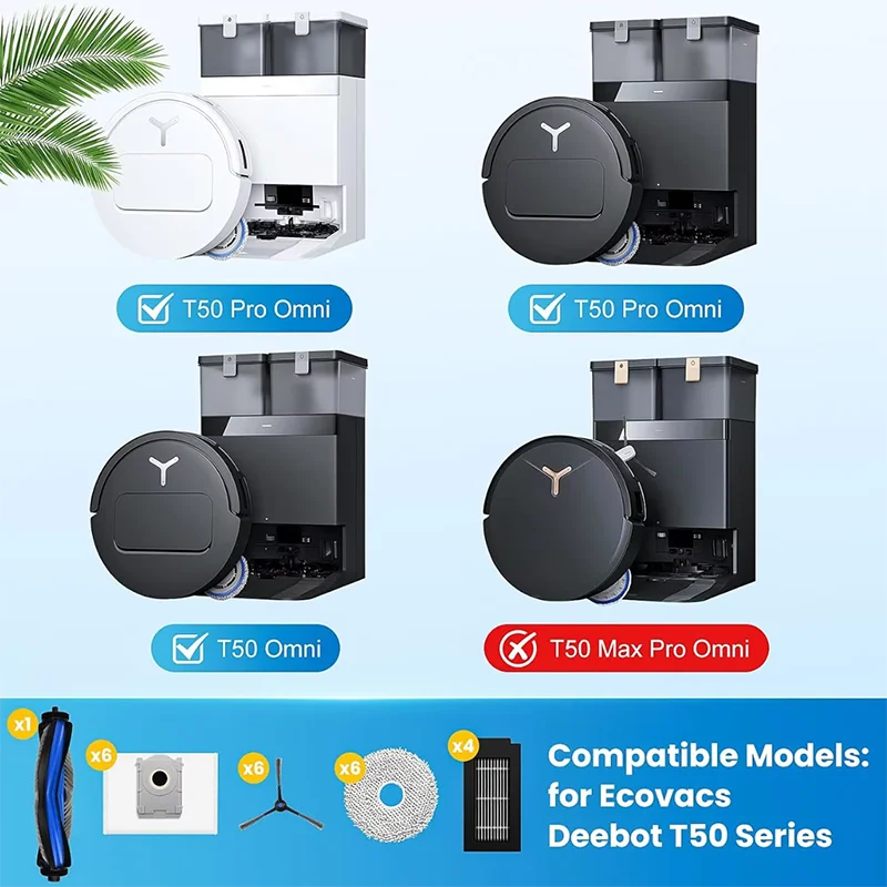 Accessoires pour ECOVACS T50 PRO OMNI / T50 OMNI : brosses latérales principales, chiffons de nettoyage, filtres HEPA, sacs à poussière, pièces détachées pour robot aspirateur