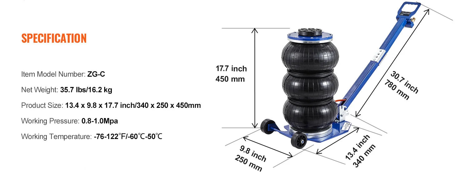 SucceBuy Cric pneumatique 3 tonnes/5 tonnes Triple sac Cric pneumatique Ascenseur rapide Crics de réparation de voiture robustes Crics à tige pliante avec deux roues