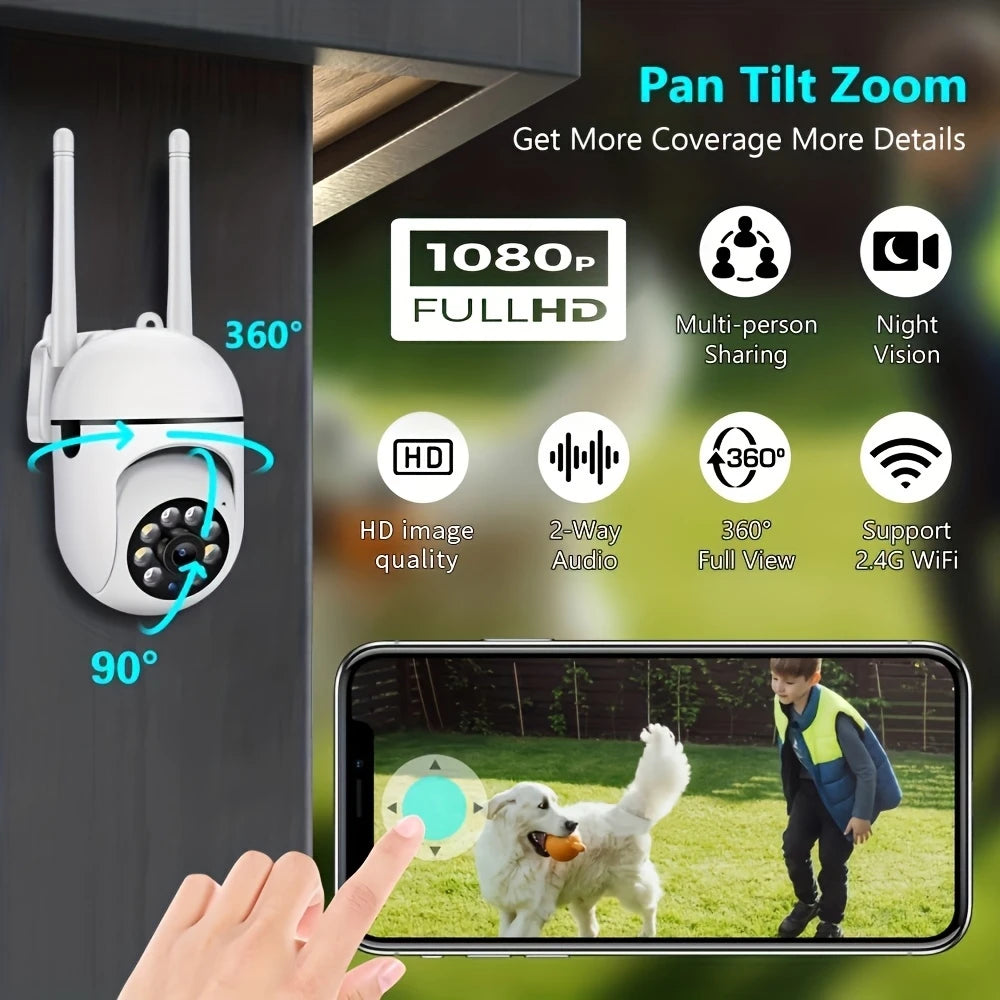 Caméra de sécurité WiFi intérieure/extérieure sans fil 1080P HD, 2 pièces, Vision nocturne couleur, Audio bidirectionnel, 360 °   Panoramique/inclinaison/Zoom, Mo