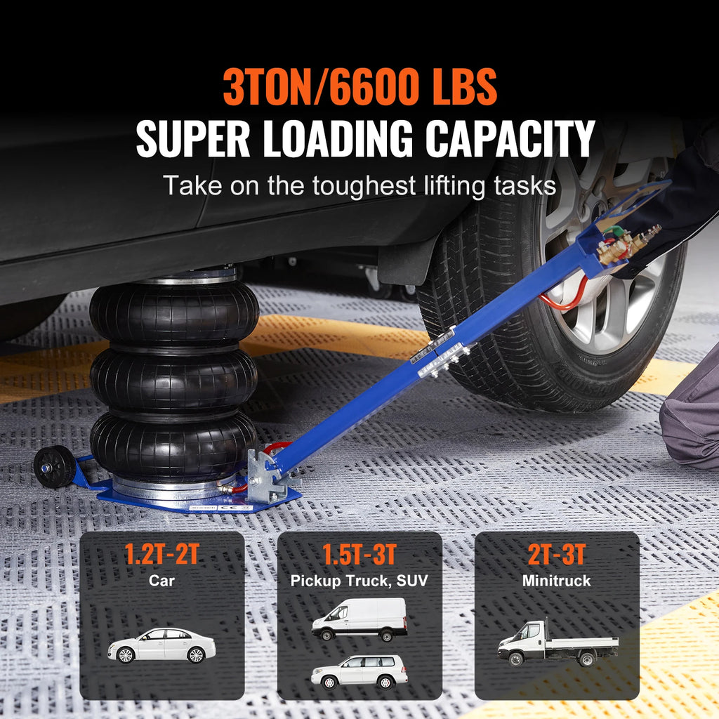 SucceBuy Cric pneumatique 3 tonnes/5 tonnes Triple sac Cric pneumatique Ascenseur rapide Crics de réparation de voiture robustes Crics à tige pliante avec deux roues