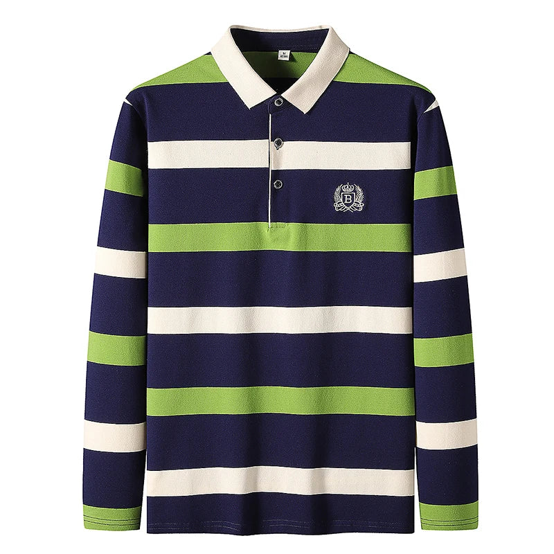 Polo à manches longues brodé en coton pour hommes, t-shirt à rayures, mode décontractée, t-shirt d'affaires, printemps, automne