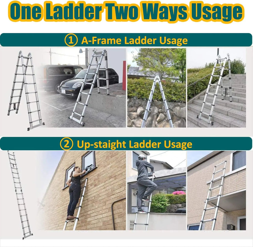 Échelle A cadre échelle télescopique 3.8m échelle d'extension télescopique en aluminium multi-usages avec barre stabilisatrice pour la maison, EN131