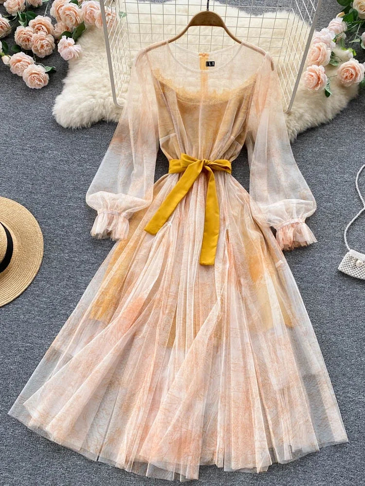 Robe en Maille Élégante pour Femme, Vintage, Manches Lanternes, Imprimée, Soirée, Patchwork, Ligne A, Bandage, Plage, Printemps Été