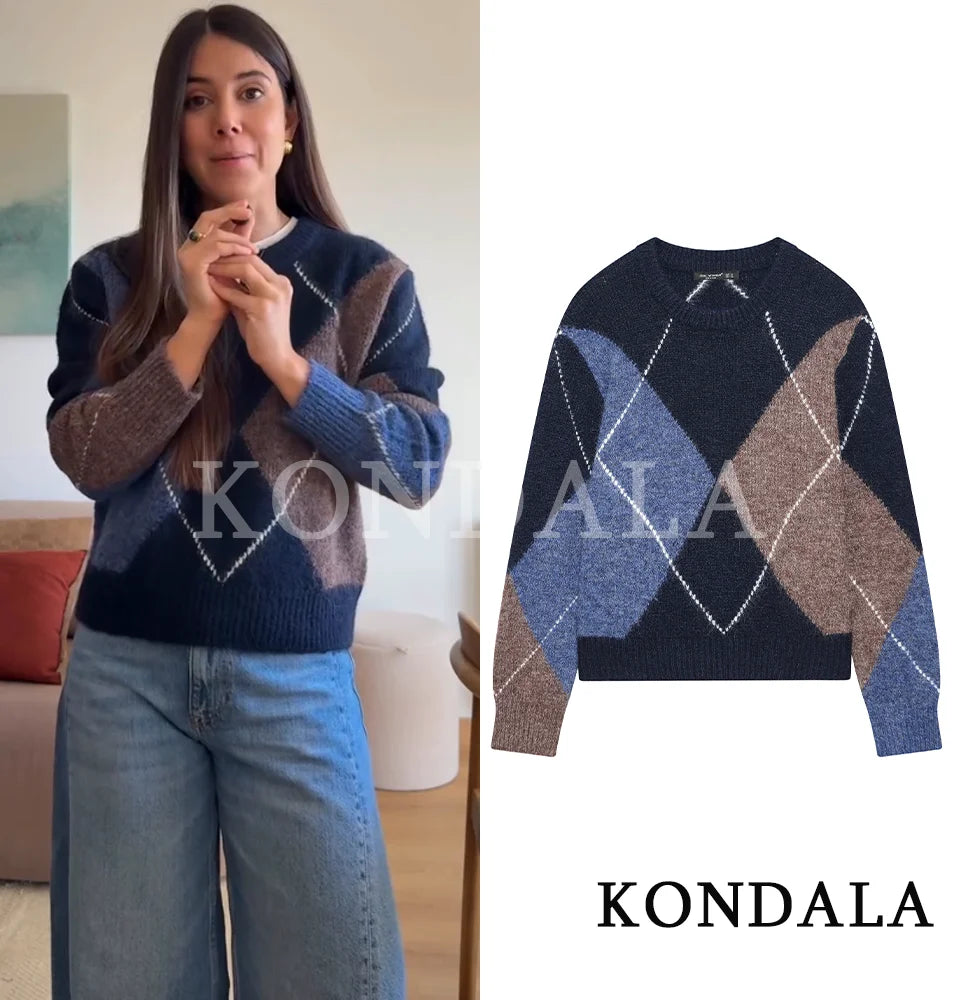Pull tendance décontracté KONDALA pour femme, pull élégant en tricot losanges, mode printemps 2026, vacances, chic, pull féminin
