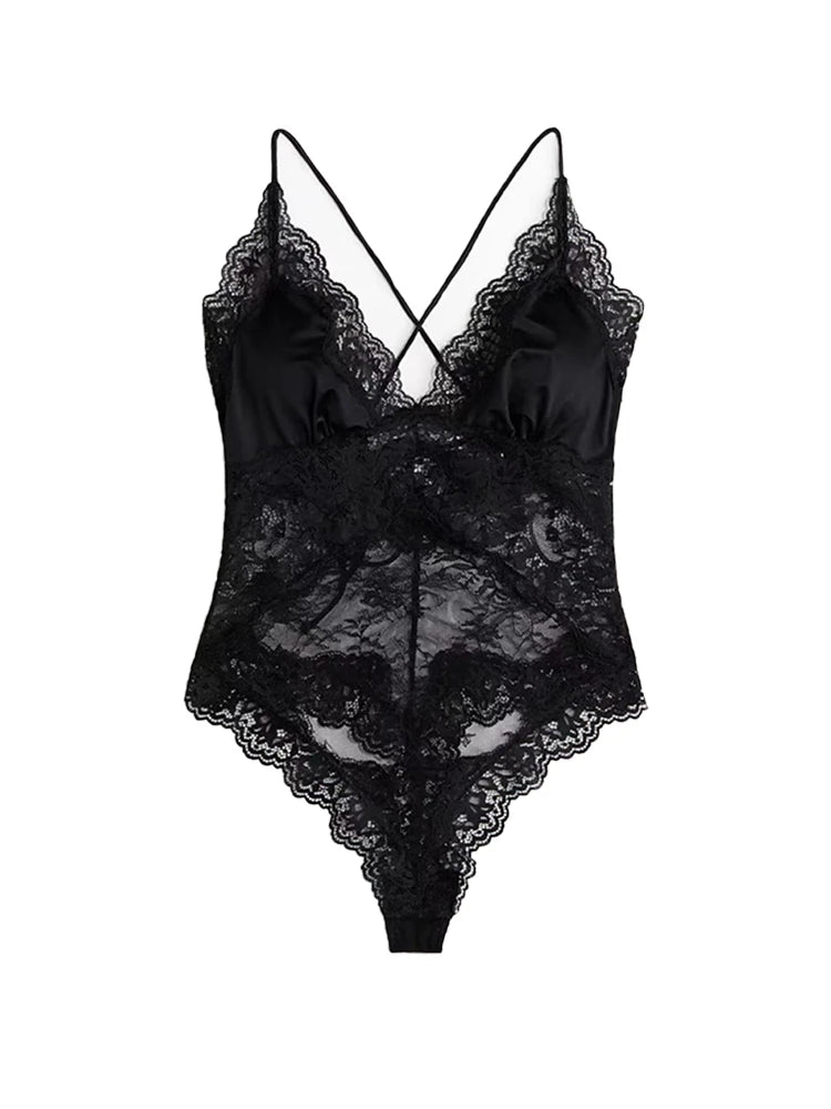 Body en dentelle patchwork ajouré transparent pour femme, décolleté plongeant, tenue de soirée sexy printemps, clubwear pour femmes