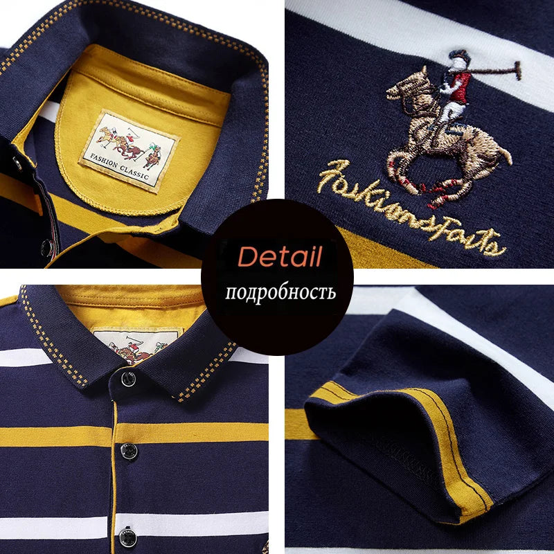 Polo à manches longues brodé en coton pour hommes, t-shirt à rayures, mode décontractée, t-shirt d'affaires, printemps, automne