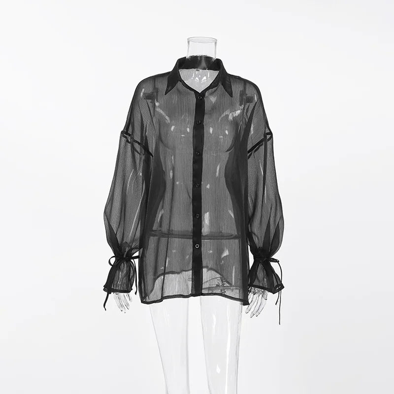 Mumaroho 2024 printemps été femmes élégant à manches longues solide noir maille chemise dames pure mousseline de soie Blouse pour femme femme