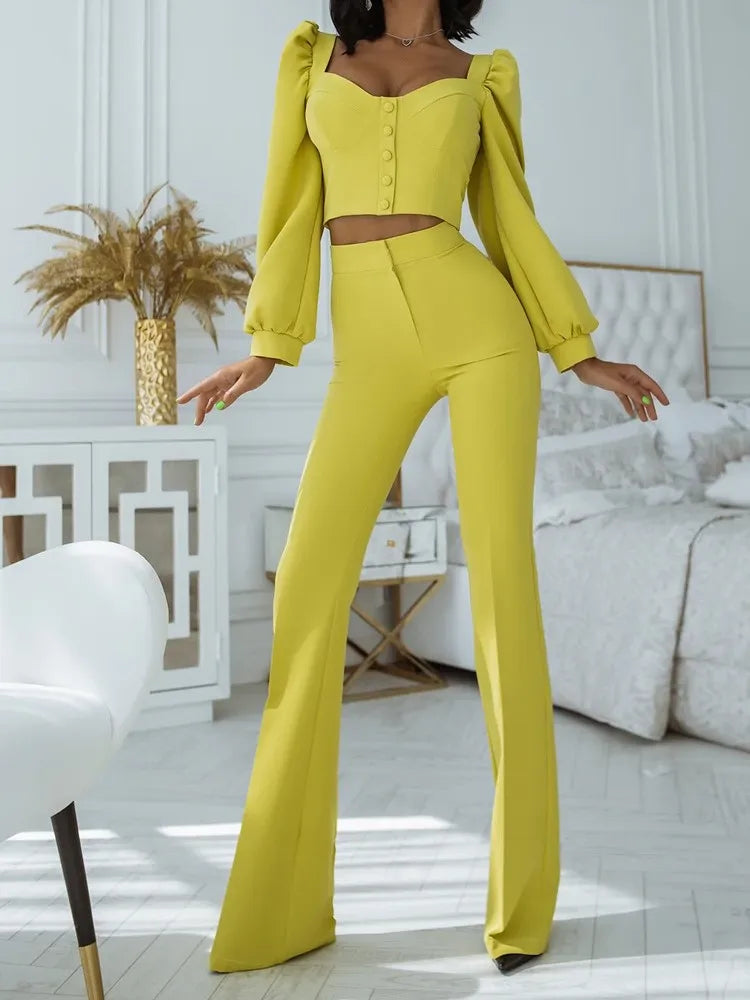 Ensemble haut et pantalon décontracté pour femmes, manches lanternes, manches courtes, épaules dénudées, Sexy, bas de cloche, nouvelle collection printemps automne 2024