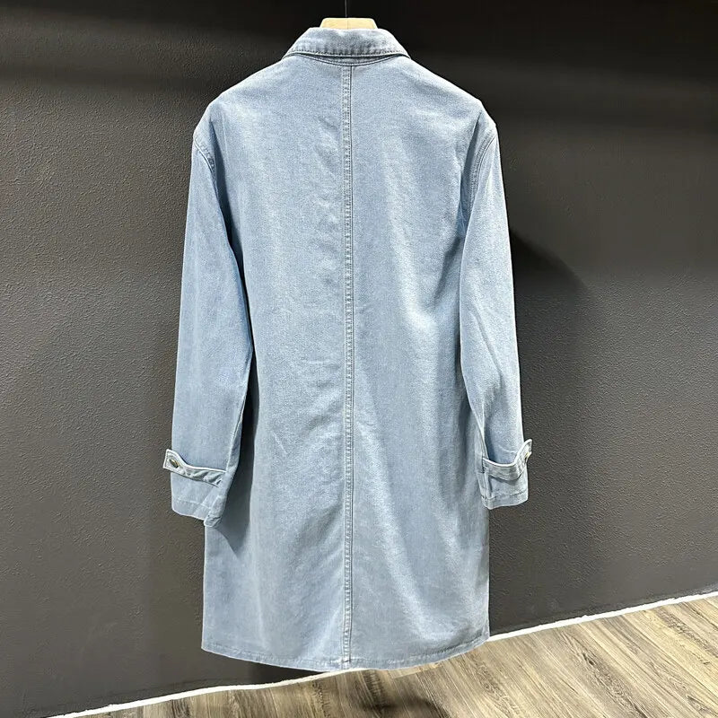 Nouveau printemps automne mode Denim Trench hommes coupe-vent décontracté manteau couleur unie Long hommes col rabattu vestes d'extérieur homme