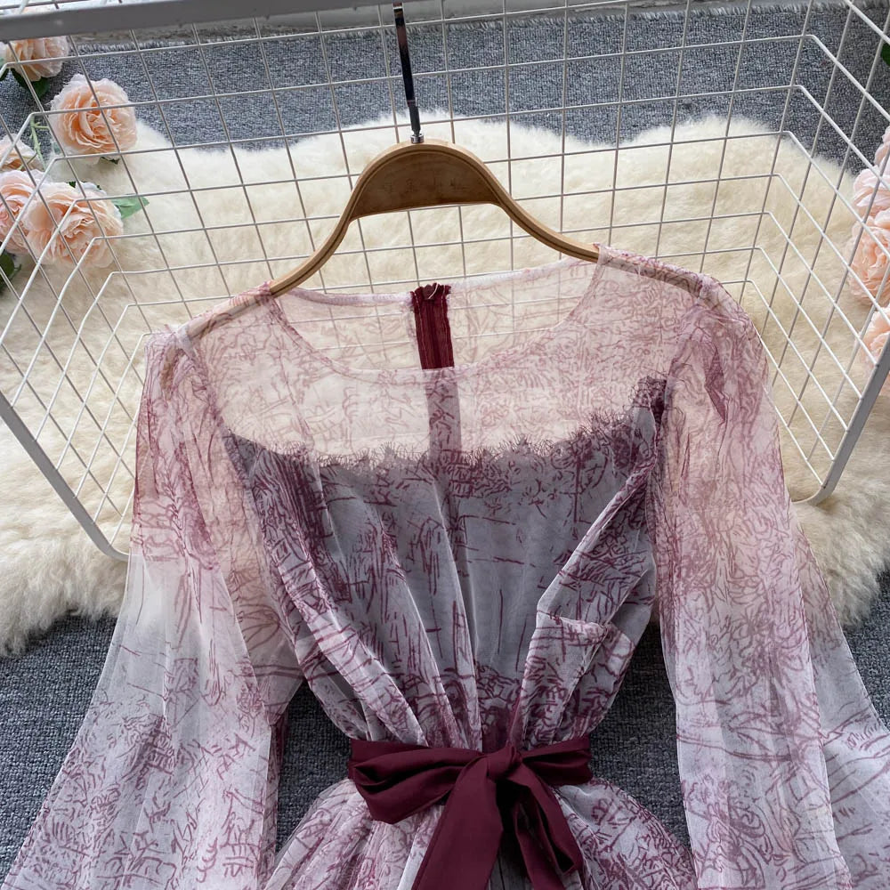 Robe en Maille Élégante pour Femme, Vintage, Manches Lanternes, Imprimée, Soirée, Patchwork, Ligne A, Bandage, Plage, Printemps Été