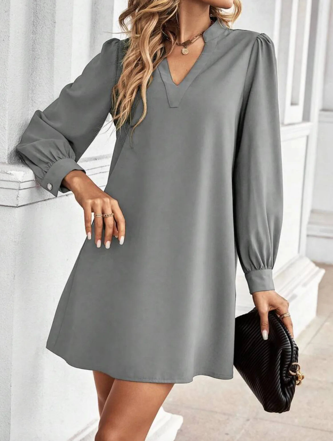Bureau dame chemise Style robes femmes col en v à manches longues Mini robe printemps automne couleur unie vêtements de travail