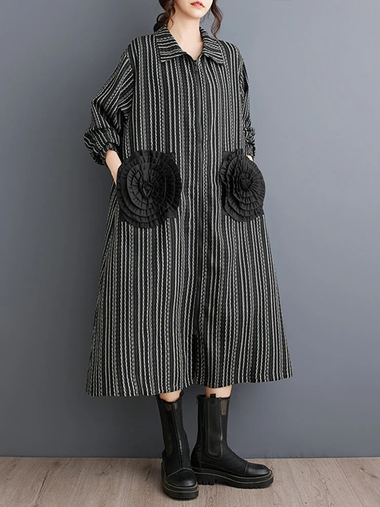 Manteau long à rayures vintage pour femmes, cardigan à fleurs patchwork, décontracté, printemps, automne, 2025